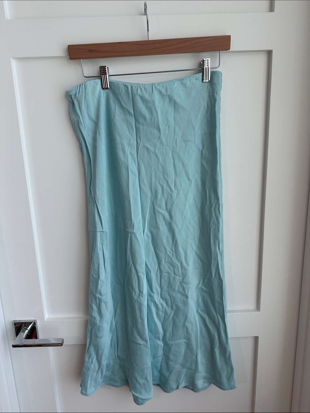 Anthropologie satin midi skirt in teal turquoise Tiffani blue color